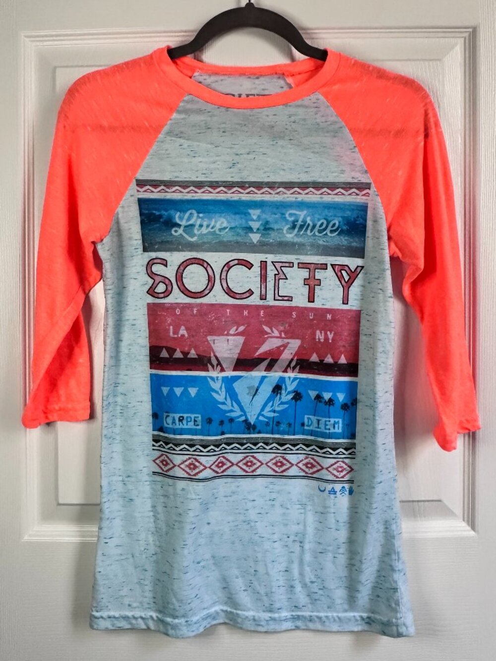 Society Clothing Womens Small 3/4 Sleeve Graphic Tee Neon Orange Tribal Surfer